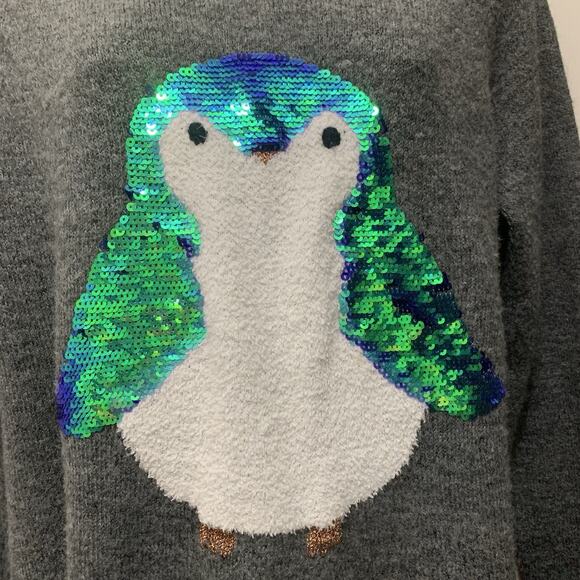 Lauren Conrad Women’s Sweater Penguin Sequins Fuzzy M Tunic Gray Whimsical - Picture 2 of 6